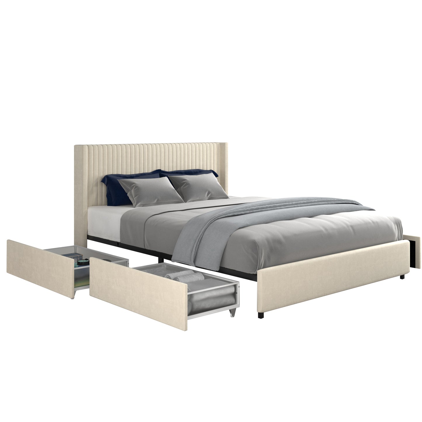 Anna Queen Size Ivory Velvet Upholstered Wingback Platform Bed with Patented 4 Drawers Storage, Modern Design Headboard with Tight Channel, Wooden Slat Mattress Support No Box Spring Needed