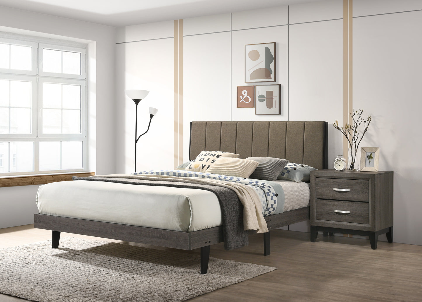 ACME Valdemar Queen Bed, Brown Fabric & Weatheted Gray Finish BD00571Q