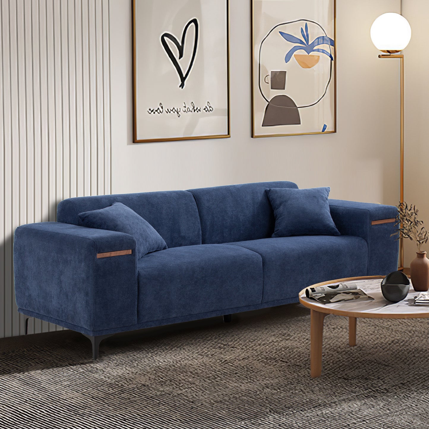 90'' Mid-Century 3 Seater Sofa with 2 Stretchable Walnut Pad Modern Fabric Upholstered Sofa for livingroom lobby office Blue