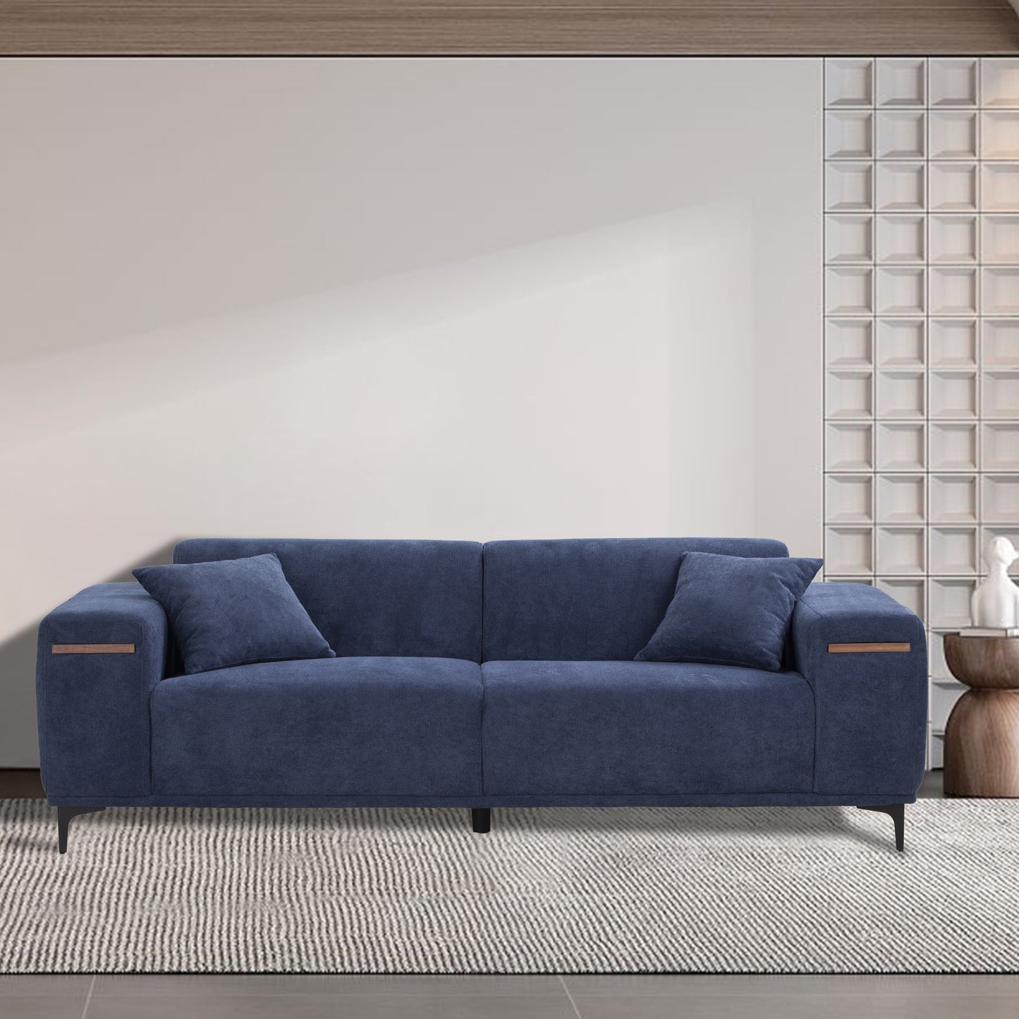 90'' Mid-Century 3 Seater Sofa with 2 Stretchable Walnut Pad Modern Fabric Upholstered Sofa for livingroom lobby office Blue