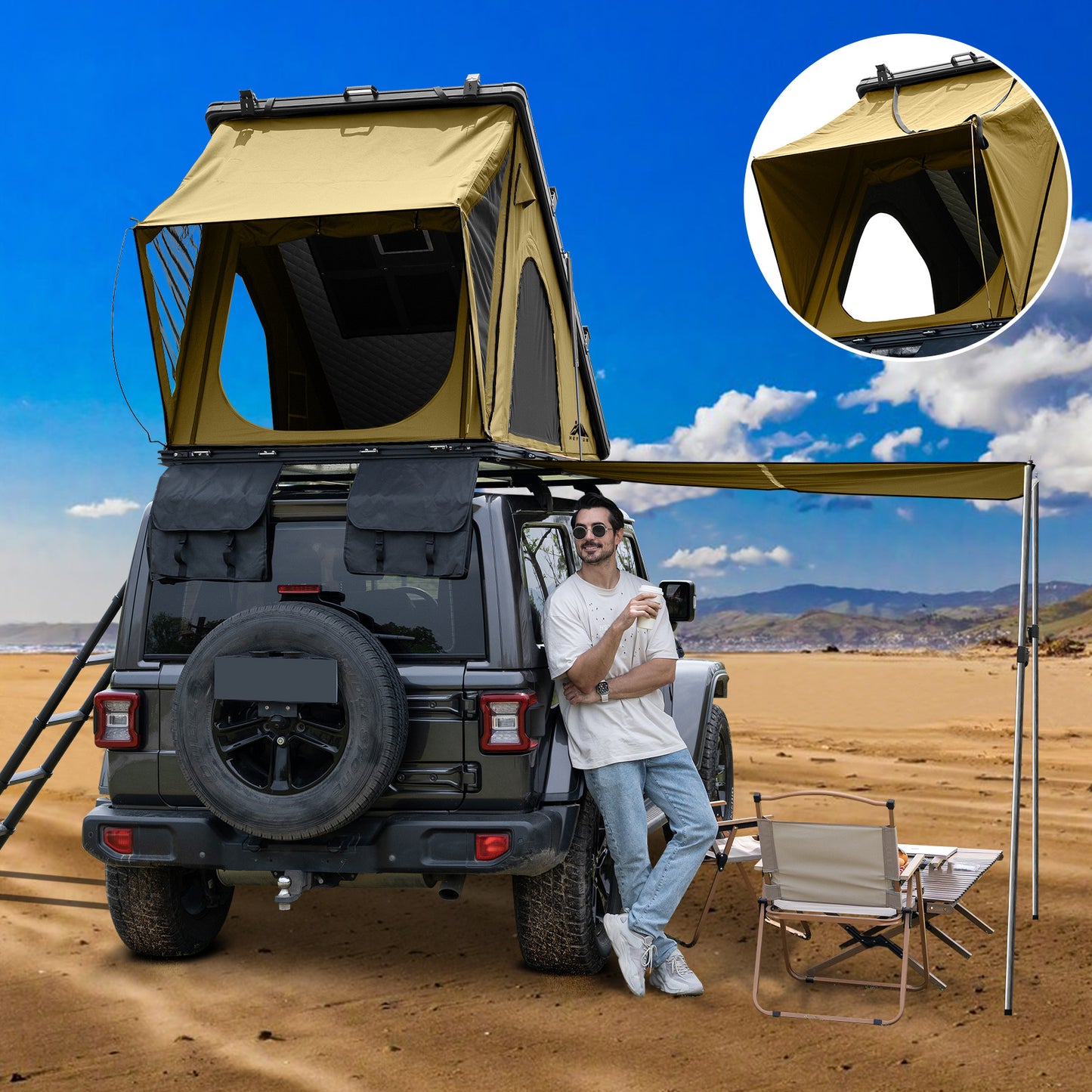 Explorer Plus Rooftop Tent Hardshell with Side Awning, Air Conditioner Outlet with Bracket, Luggage Racks&Replaceable Netting Rain Curtain, Truck Bed Tent for Camping, Pop Up SUV Roof Top Tent