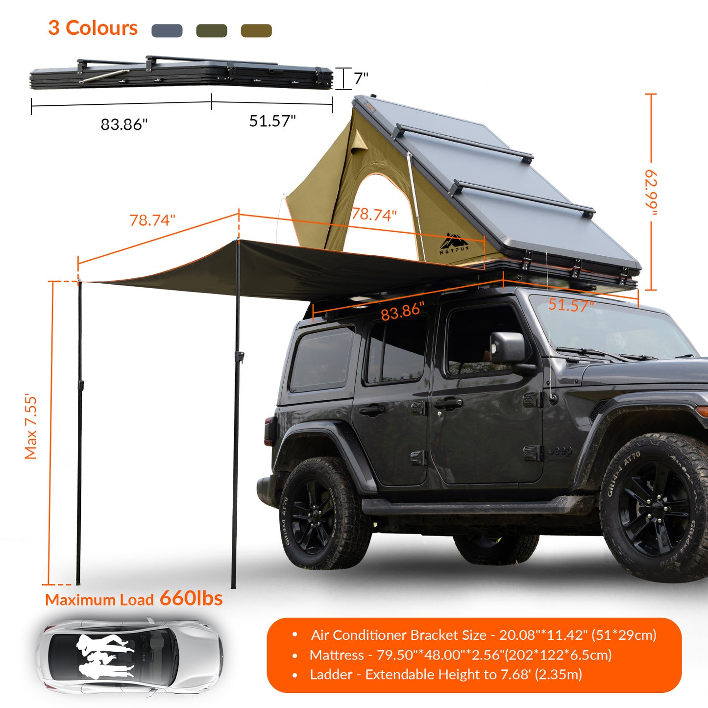 Explorer Plus Rooftop Tent Hardshell with Side Awning, Air Conditioner Outlet with Bracket, Luggage Racks&Replaceable Netting Rain Curtain, Truck Bed Tent for Camping, Pop Up SUV Roof Top Tent