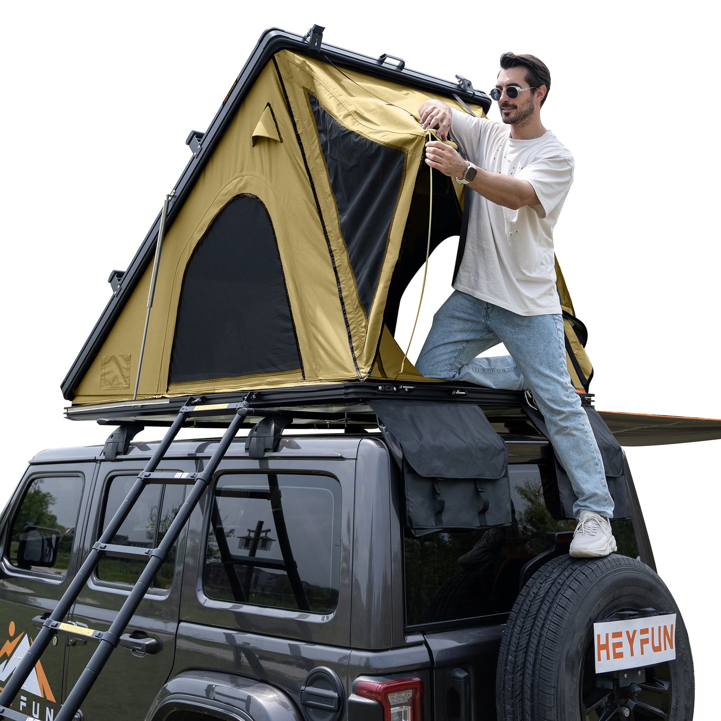 Explorer Plus Rooftop Tent Hardshell with Side Awning, Air Conditioner Outlet with Bracket, Luggage Racks&Replaceable Netting Rain Curtain, Truck Bed Tent for Camping, Pop Up SUV Roof Top Tent