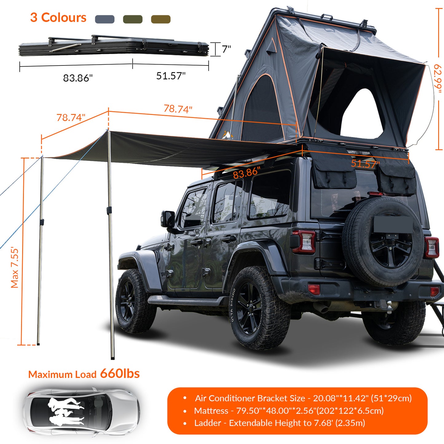 Explorer Plus Rooftop Tent Hardshell with Side Awning, Air Conditioner Outlet with Bracket, Luggage Racks&Replaceable Netting Rain Curtain, Truck Bed Tent for Camping, Pop Up SUV Roof Top Tent