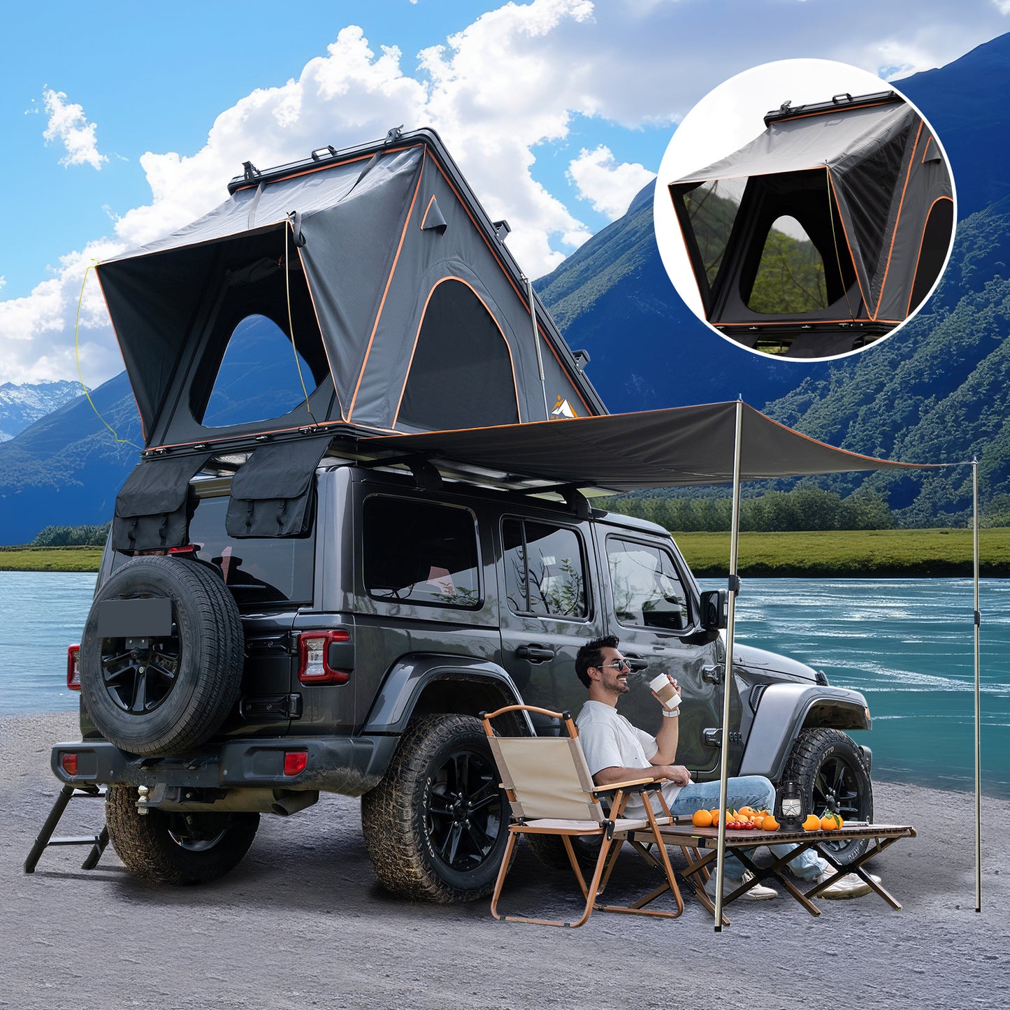 Explorer Plus Rooftop Tent Hardshell with Side Awning, Air Conditioner Outlet with Bracket, Luggage Racks&Replaceable Netting Rain Curtain, Truck Bed Tent for Camping, Pop Up SUV Roof Top Tent