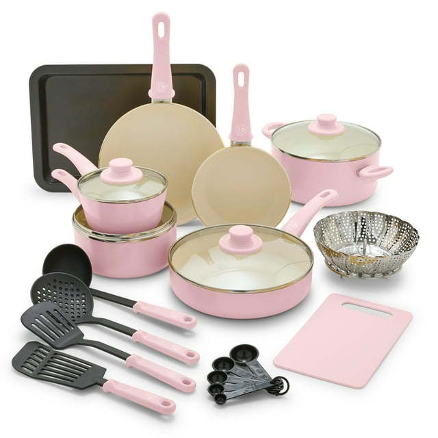 18-Piece Soft Grip Toxin-Free Healthy Ceramic Non-Stick Cookware Set,Dishwasher Safe