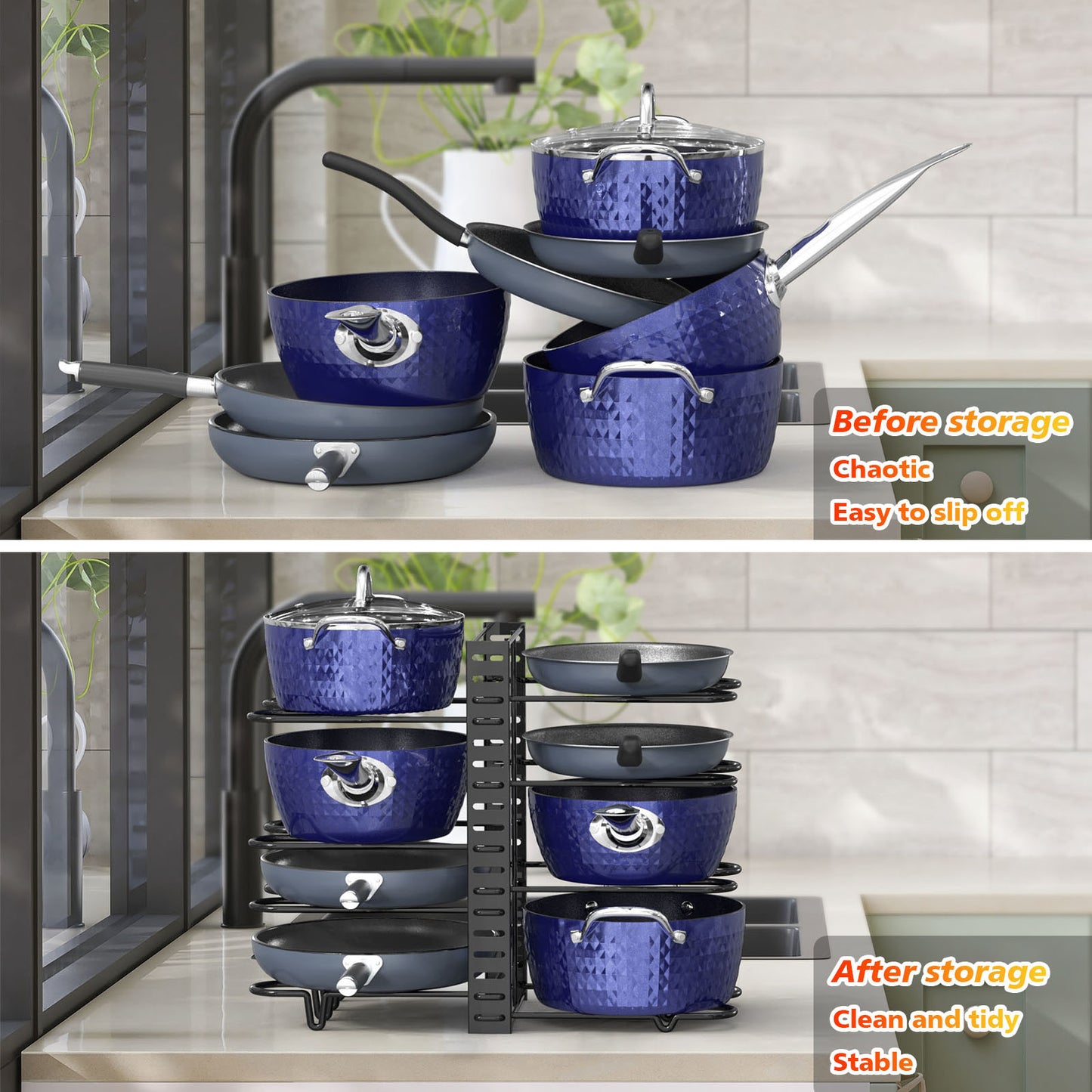 Pot and pan organizer, Pot Lid Holders & Pan Rack, Multiple DIY methods 8 tier pot racks, adjustable kitchen organization and storage for pots and pans.