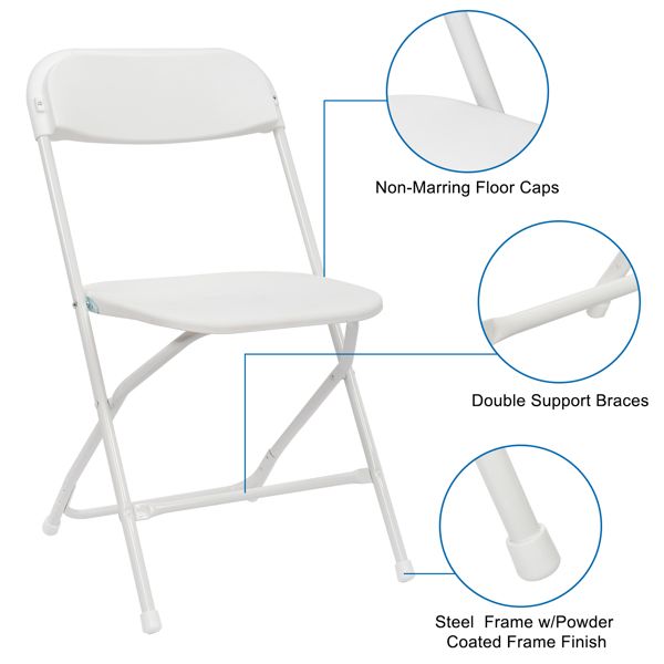 10 Pack White Plastic Folding Chair, Indoor Outdoor Portable Stackable Commercial Seat with Steel Frame 260lb. Capacity for Events Office Wedding Party Picnic Kitchen Dining