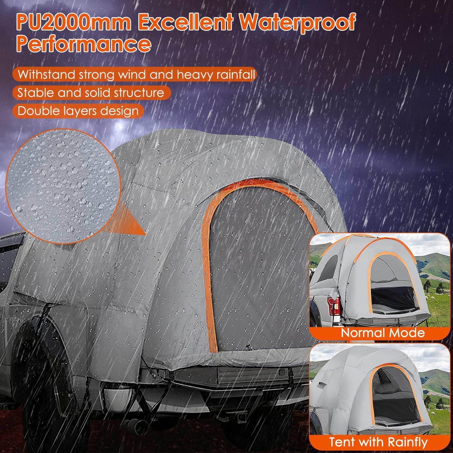 Truck Bed Tent Waterproof Windproof Pickup Truck Tent with Carry Bag 5.41-6.56FT Bed Rainfly PU2000mm Waterproof for Camping Travel