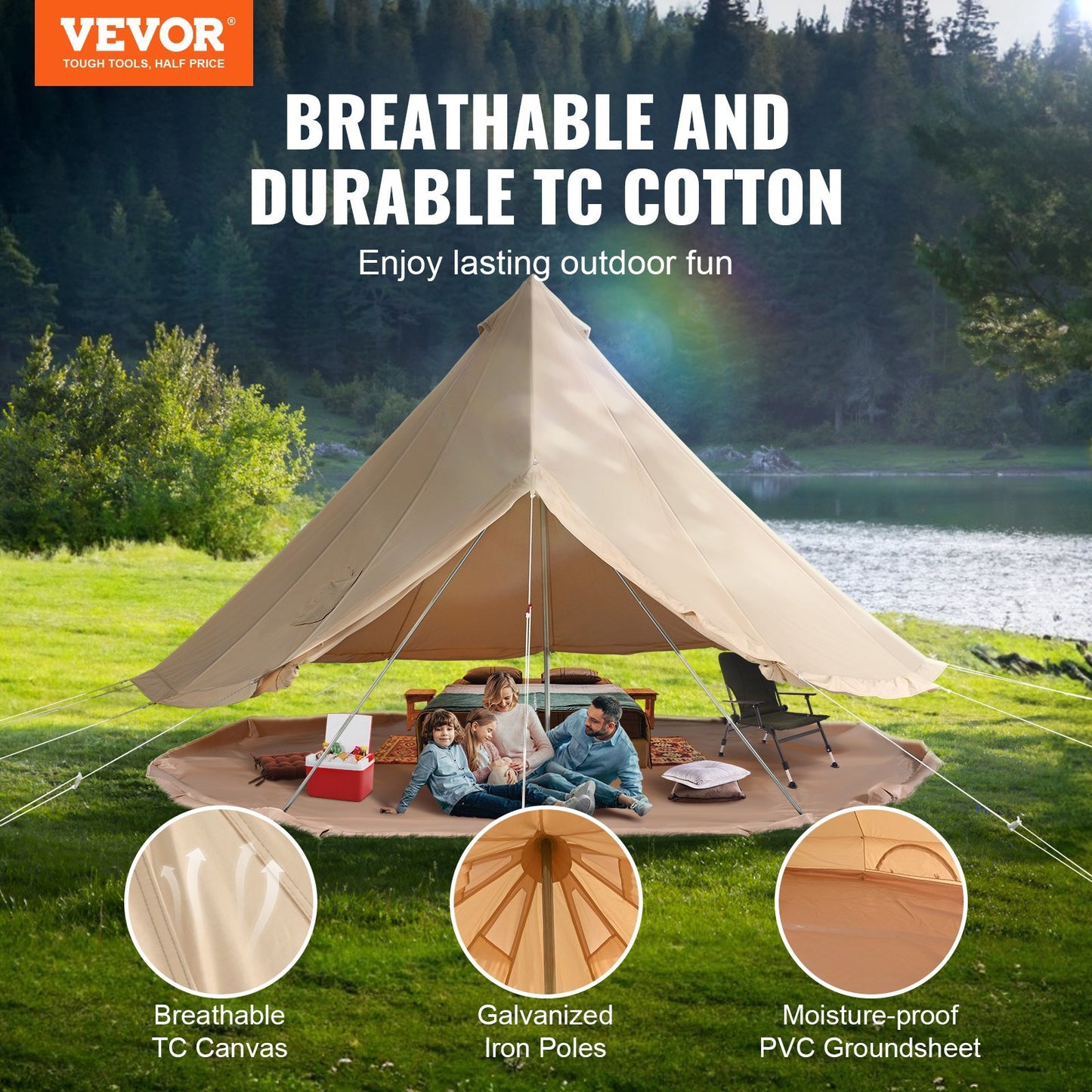 VEVOR 12 Person Canvas Glamping Bell Tent, Breathable Waterproof Large Yurt Tent with Stove Jack and Detachable Side Wall for Family Camping, 23'x23'x137"(Diameter 7M)