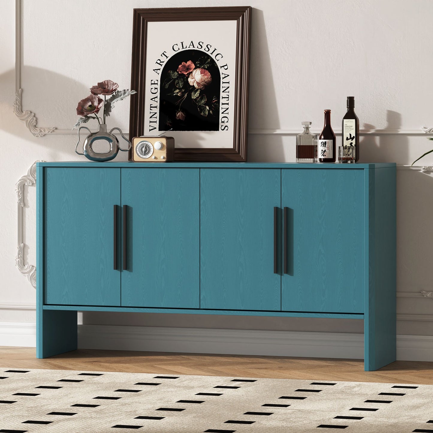 4-Door Large Storage Retro Sideboard with Adjustable Shelves and Long Handles for Kitchen,Dining Room and Living Room