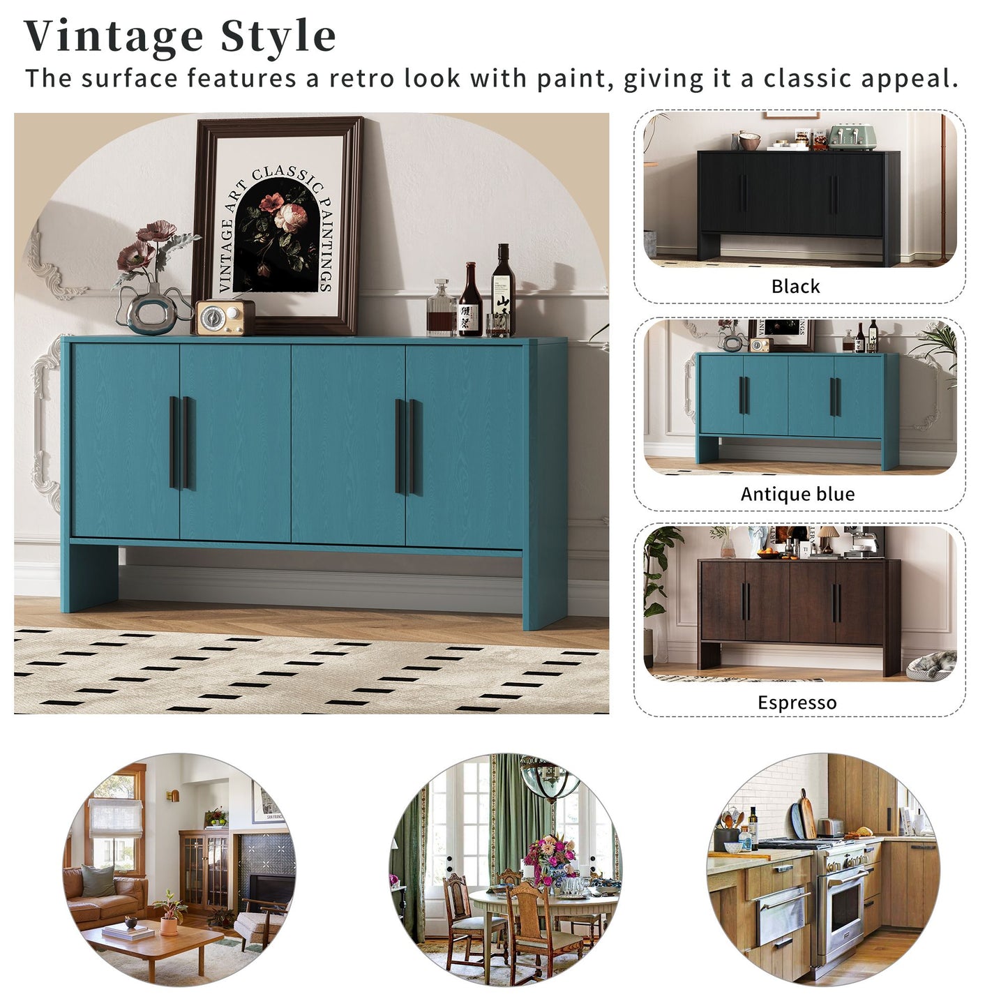 4-Door Large Storage Retro Sideboard with Adjustable Shelves and Long Handles for Kitchen,Dining Room and Living Room