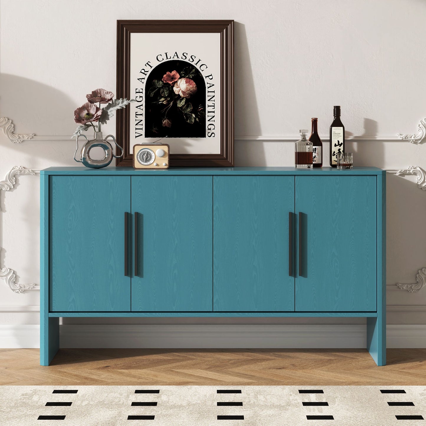 4-Door Large Storage Retro Sideboard with Adjustable Shelves and Long Handles for Kitchen,Dining Room and Living Room