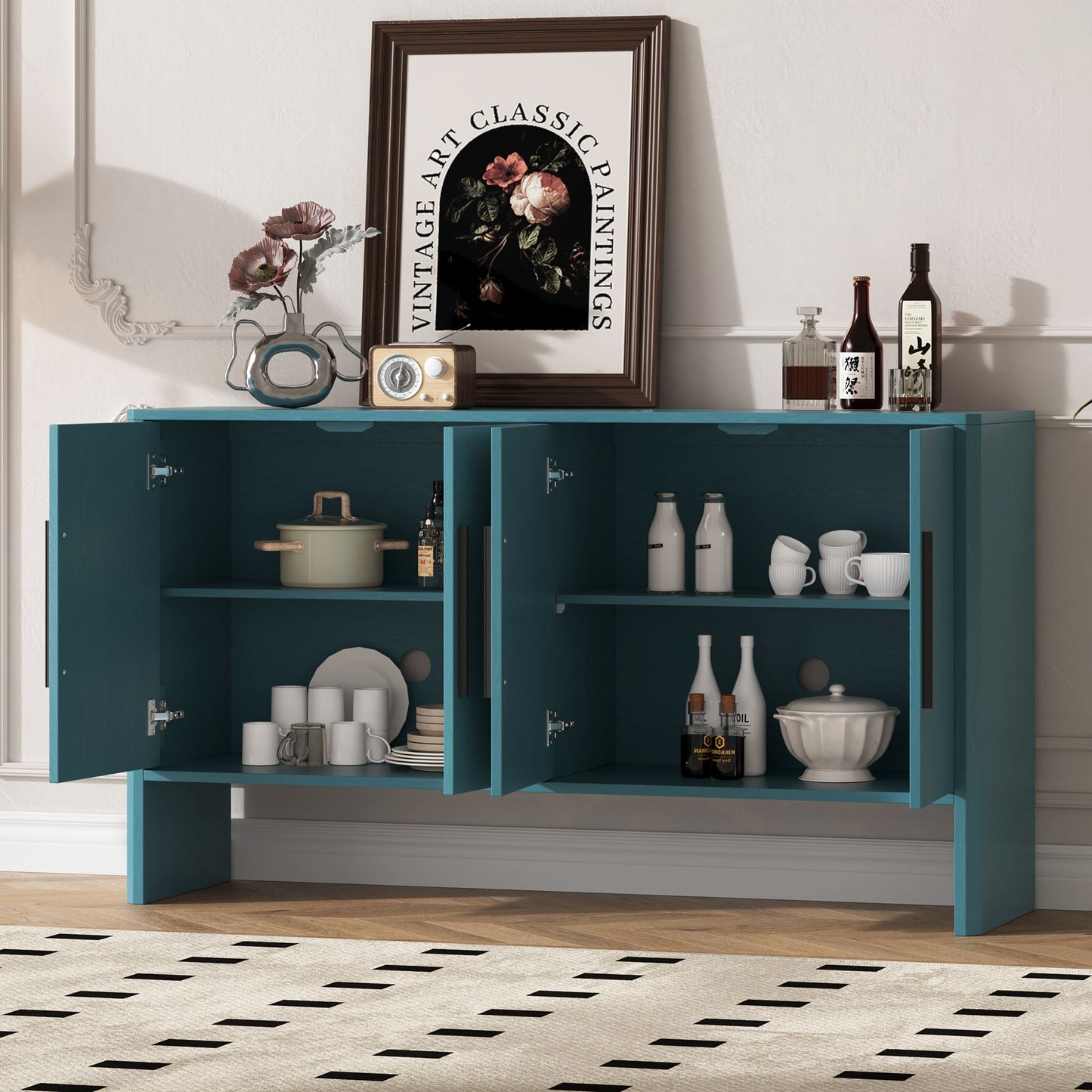 4-Door Large Storage Retro Sideboard with Adjustable Shelves and Long Handles for Kitchen,Dining Room and Living Room