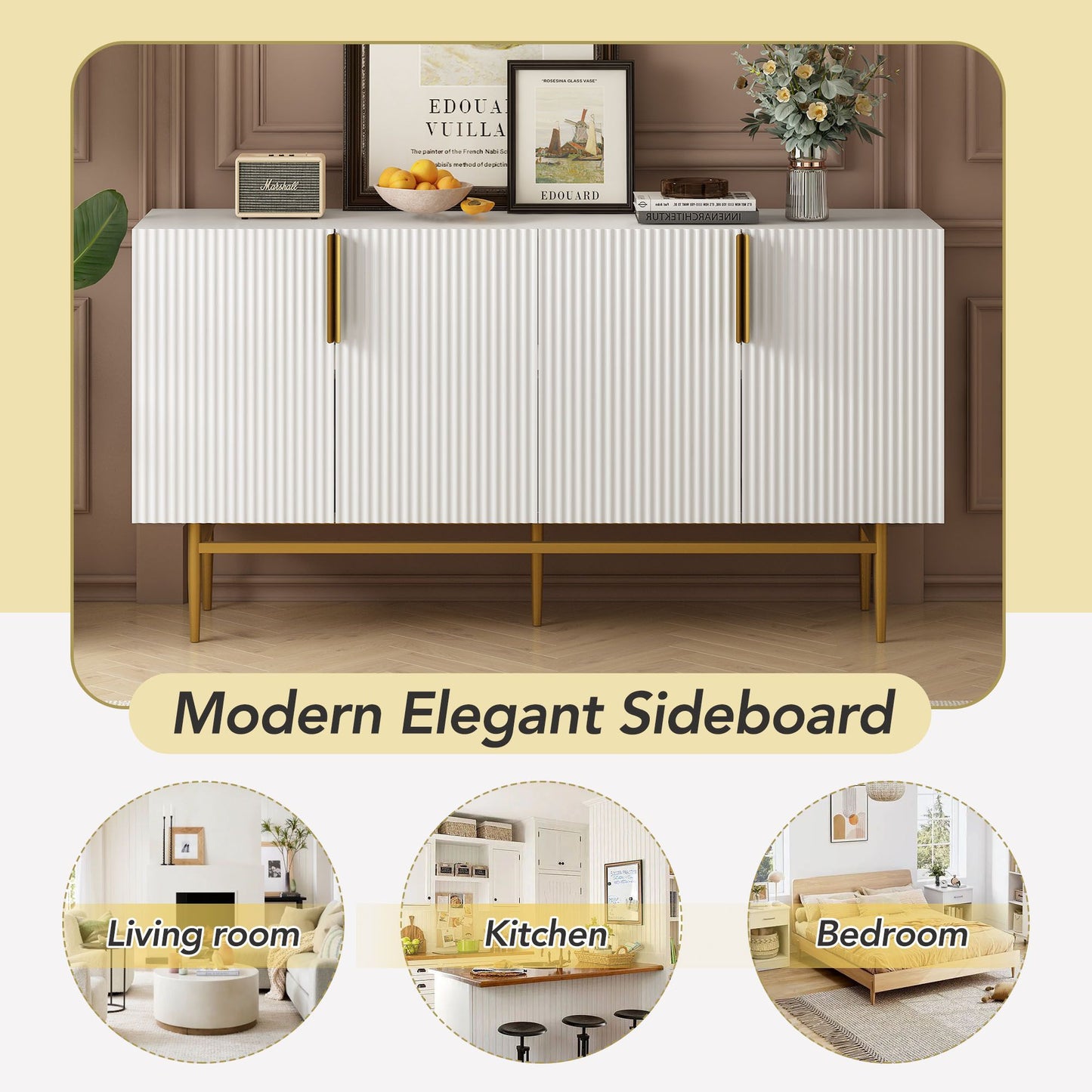 Modern Elegant 4-door Sideboard Gold Metal Handle Buffet Cabinet for Dining Room,Living Room,Bedroom,Hallway