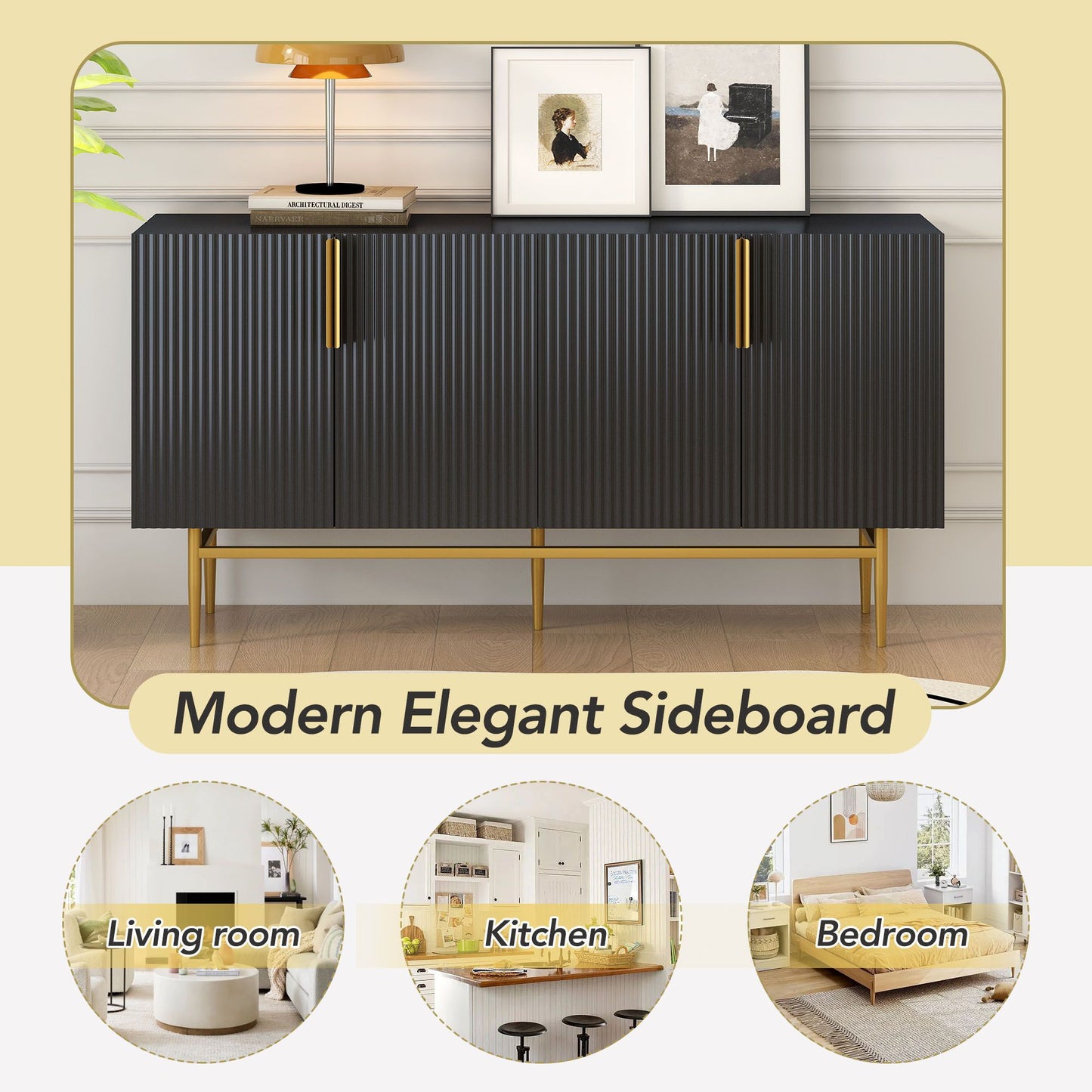 Modern Elegant 4-door Sideboard Gold Metal Handle Buffet Cabinet for Dining Room,Living Room,Bedroom,Hallway