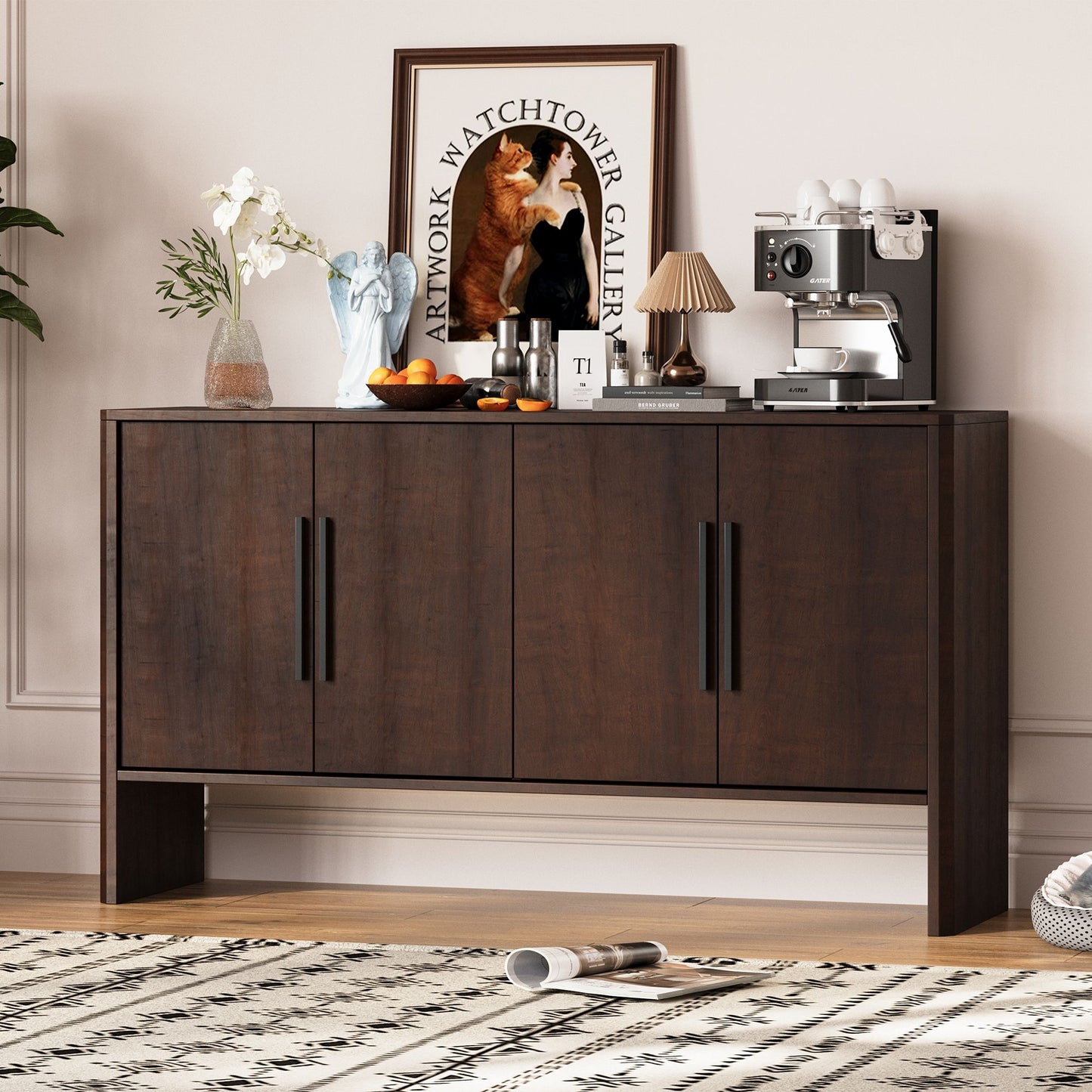 4-Door Large Storage Retro Sideboard with Adjustable Shelves and Long Handles for Kitchen,Dining Room and Living Room