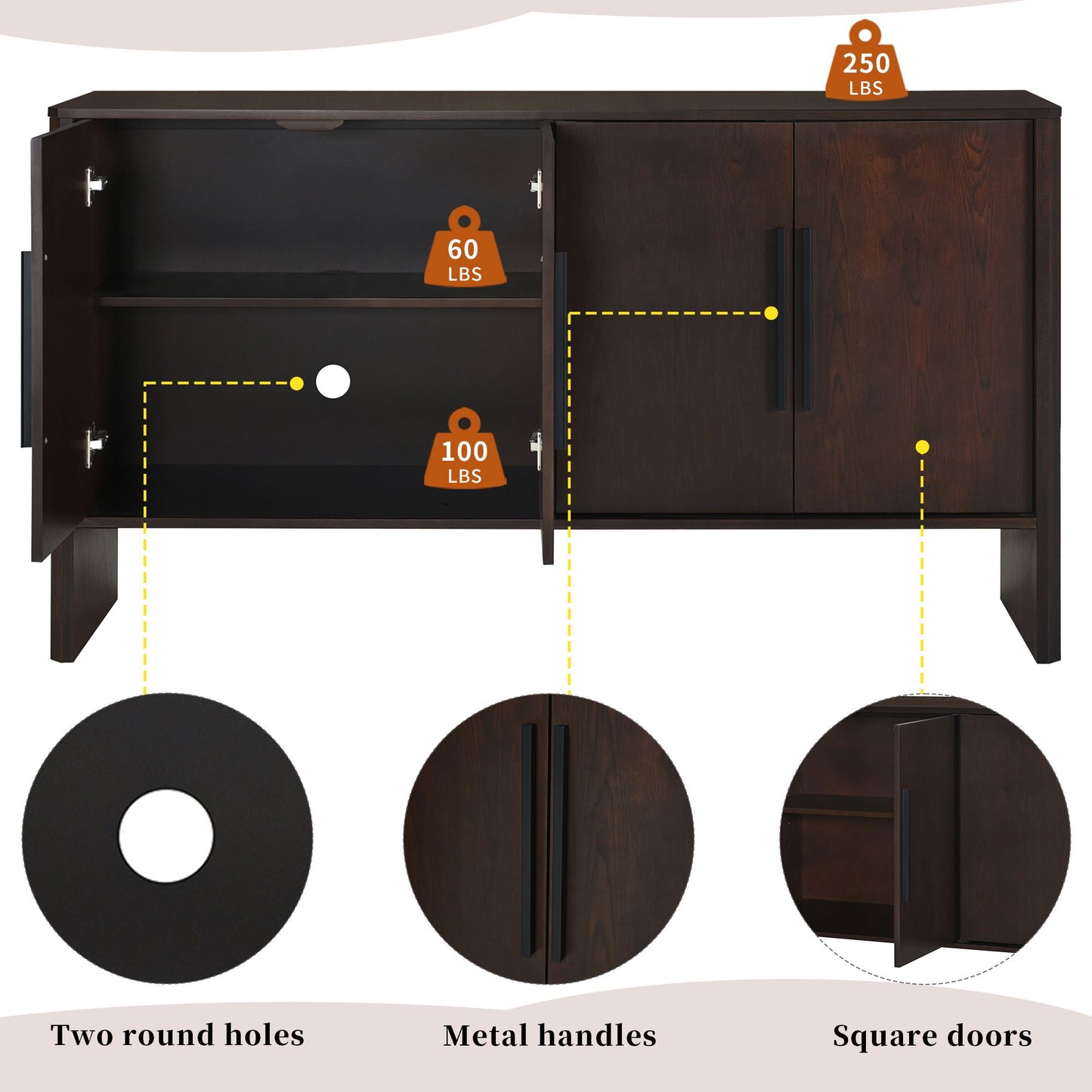 4-Door Large Storage Retro Sideboard with Adjustable Shelves and Long Handles for Kitchen,Dining Room and Living Room