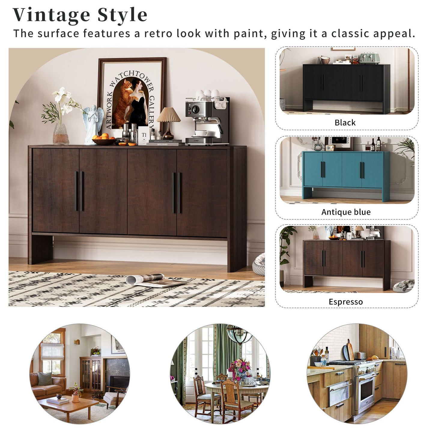 4-Door Large Storage Retro Sideboard with Adjustable Shelves and Long Handles for Kitchen,Dining Room and Living Room