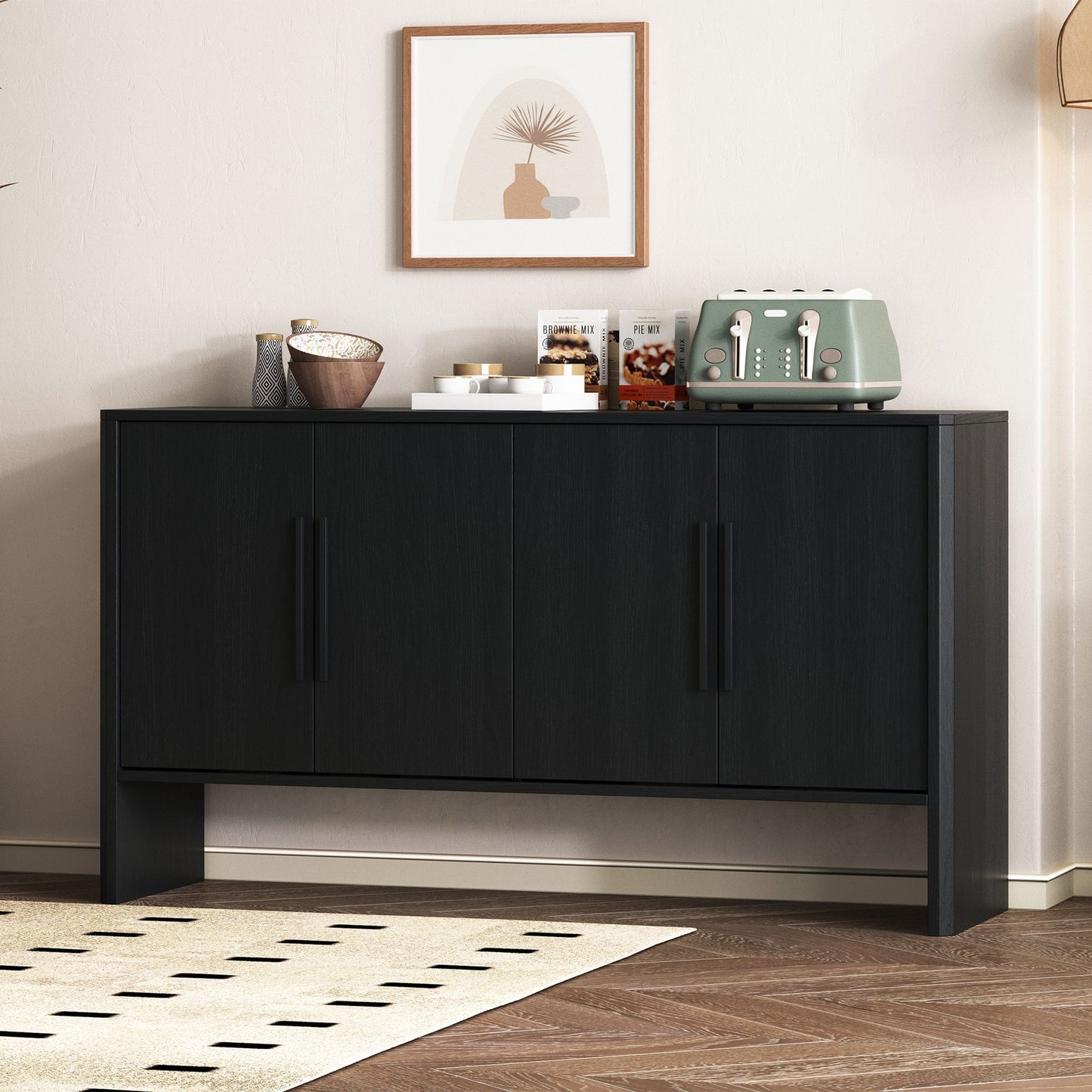 4-Door Large Storage Retro Sideboard with Adjustable Shelves and Long Handles for Kitchen,Dining Room and Living Room