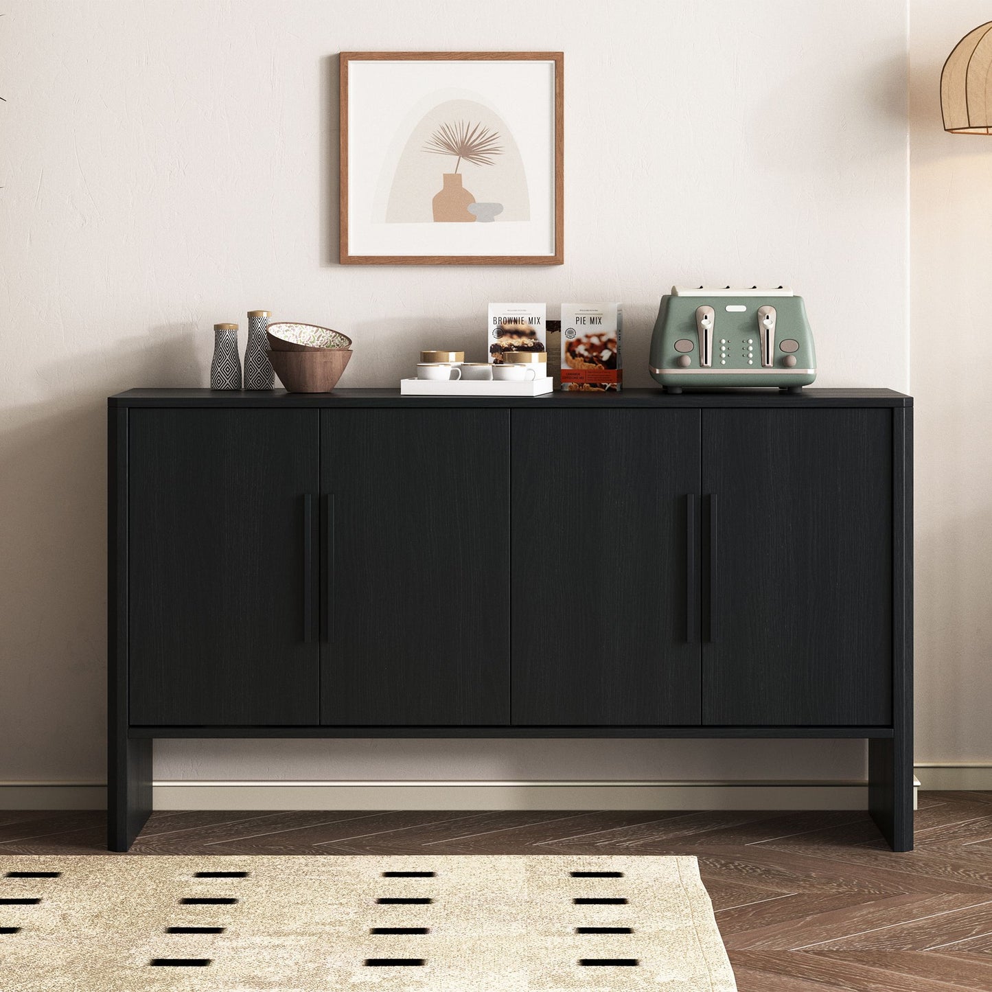 4-Door Large Storage Retro Sideboard with Adjustable Shelves and Long Handles for Kitchen,Dining Room and Living Room