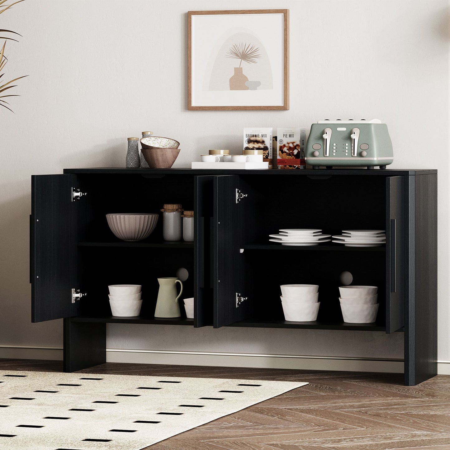 4-Door Large Storage Retro Sideboard with Adjustable Shelves and Long Handles for Kitchen,Dining Room and Living Room