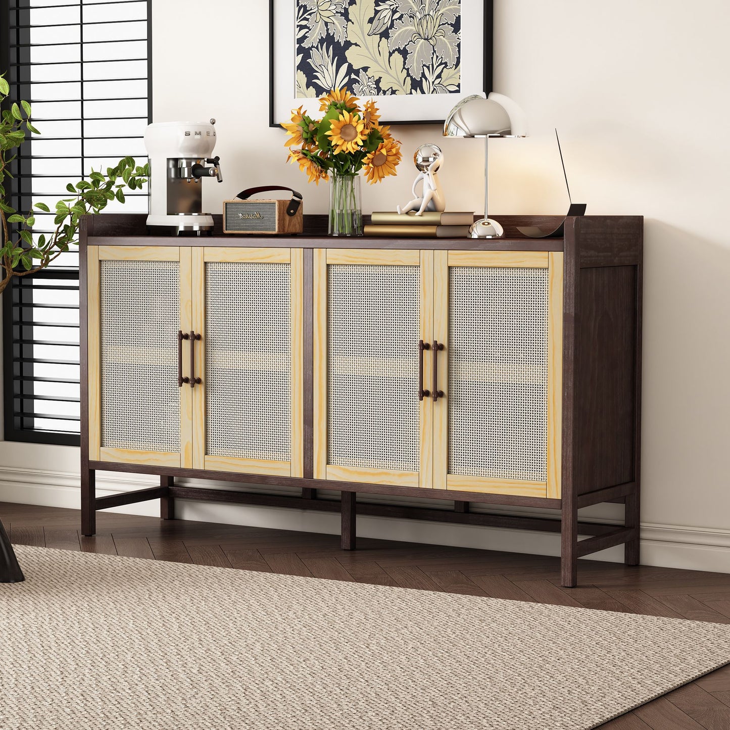 Rustic Sideboard with Decorative Rattan Doors and Adjustable Shelves for Entryway,Dining Room,or Living Room