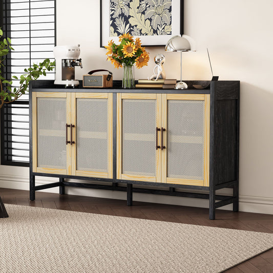 Rustic Sideboard with Decorative Rattan Doors and Adjustable Shelves for Entryway,Dining Room,or Living Room