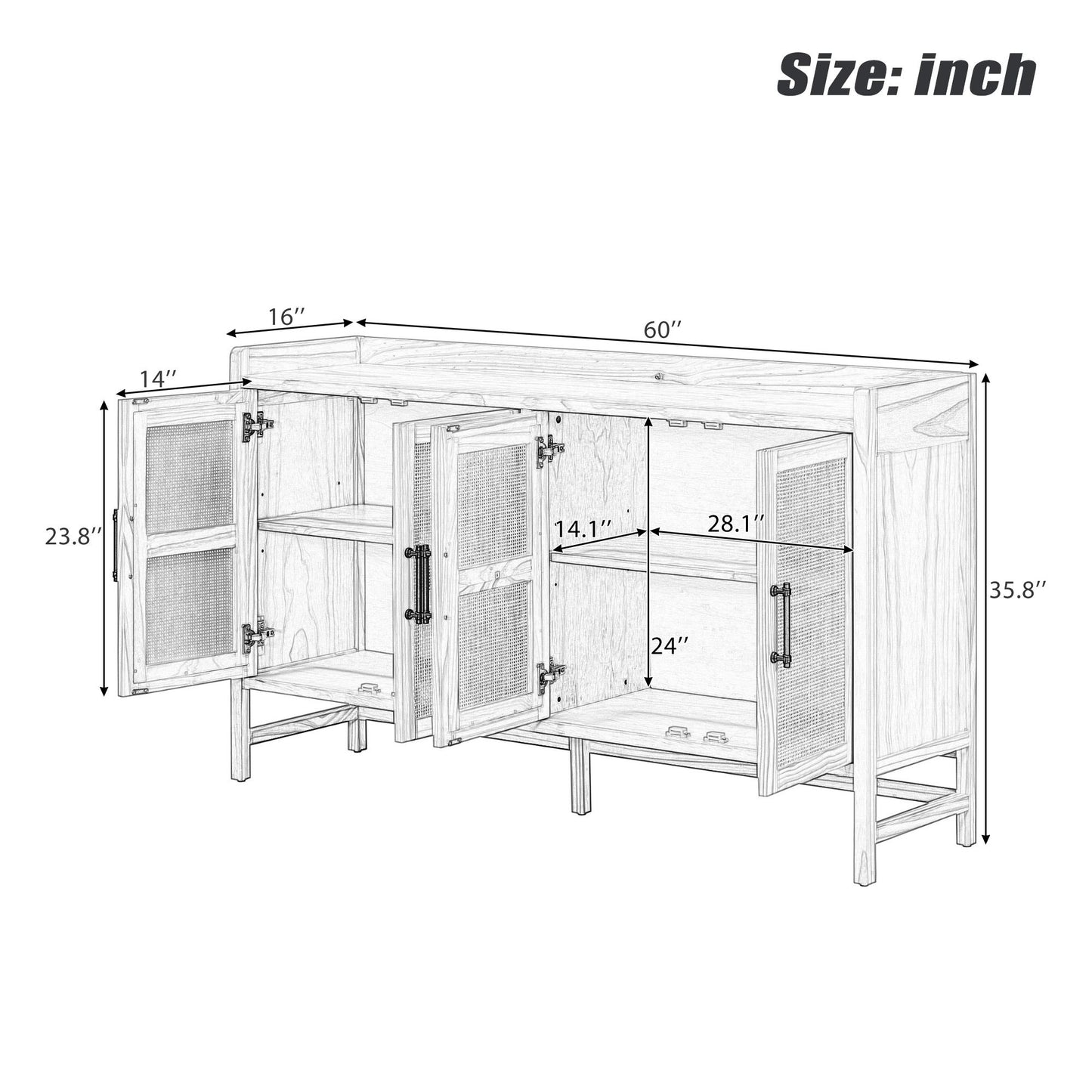 Rustic Sideboard with Decorative Rattan Doors and Adjustable Shelves for Entryway,Dining Room,or Living Room