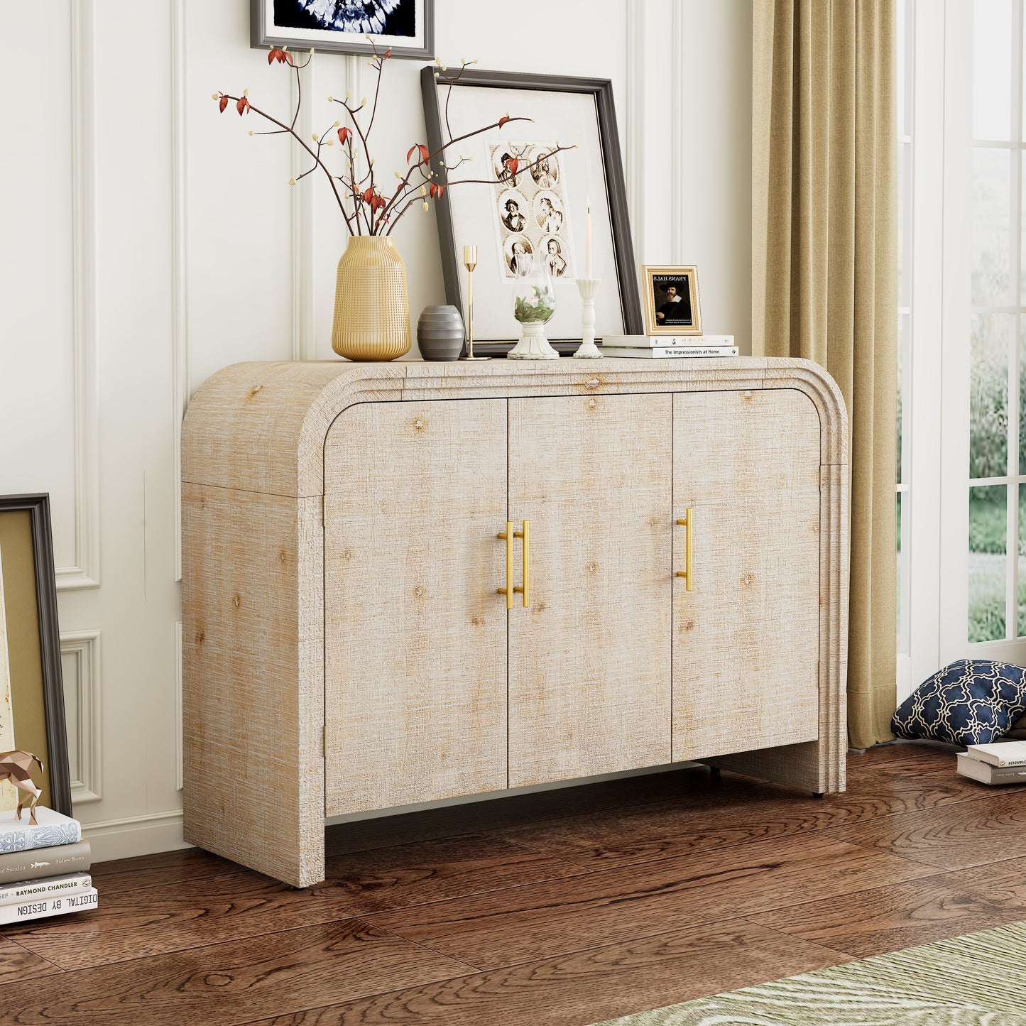 Retro Minimalist Curved Sideboard with Gold Handles and Adjustable Dividers for Living Room or Dining Room