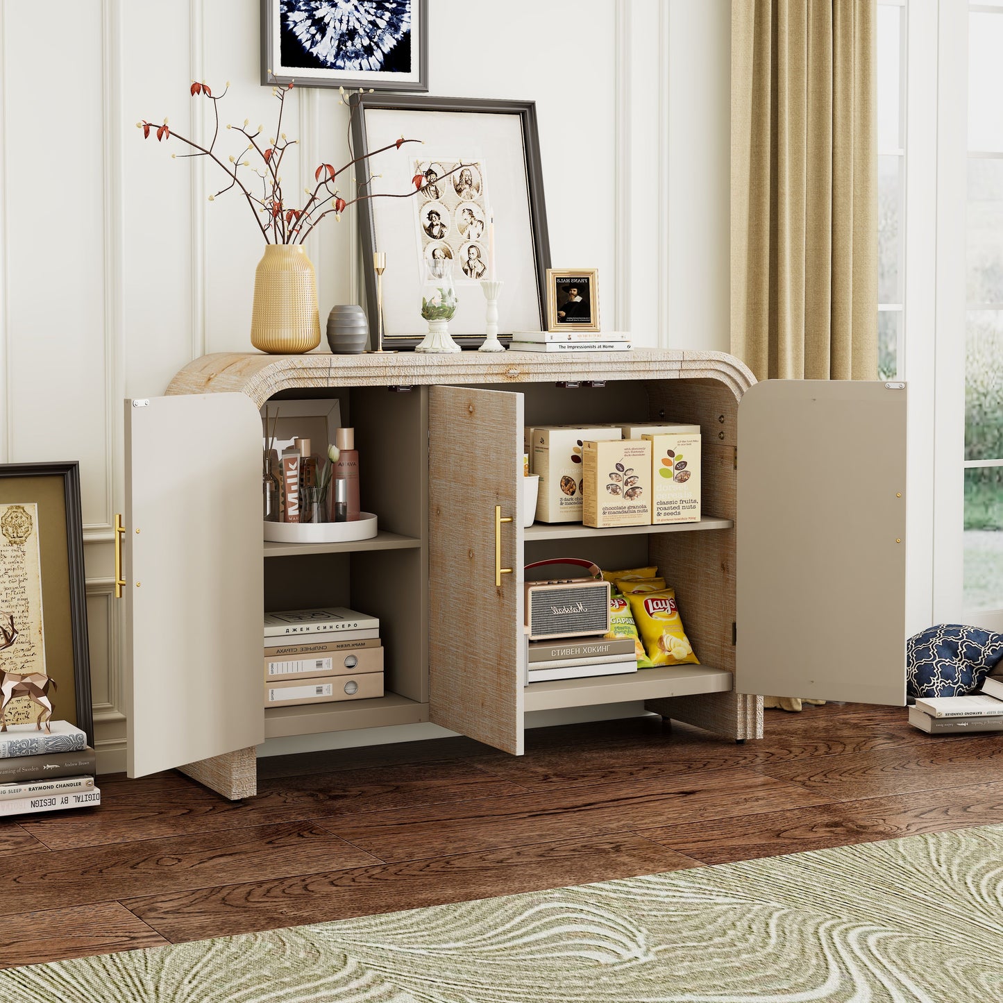 Retro Minimalist Curved Sideboard with Gold Handles and Adjustable Dividers for Living Room or Dining Room