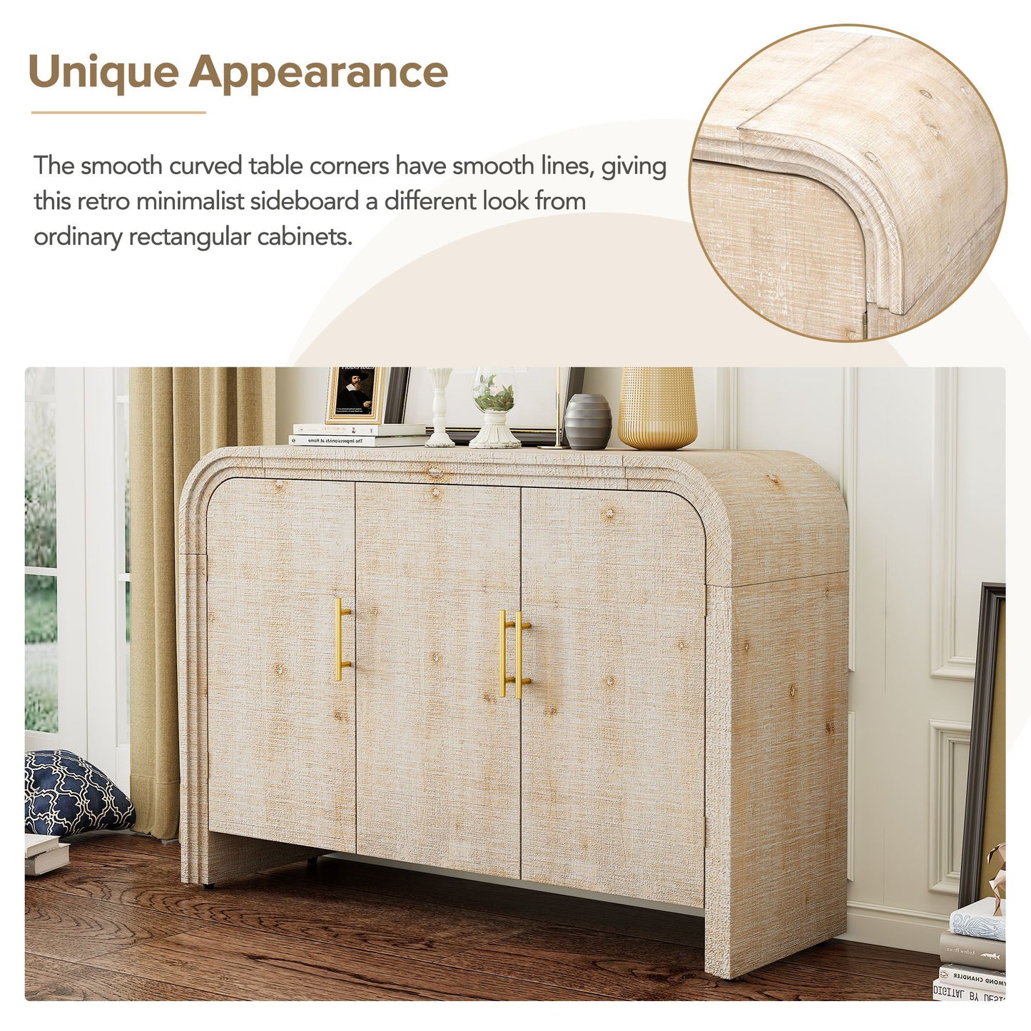 Retro Minimalist Curved Sideboard with Gold Handles and Adjustable Dividers for Living Room or Dining Room