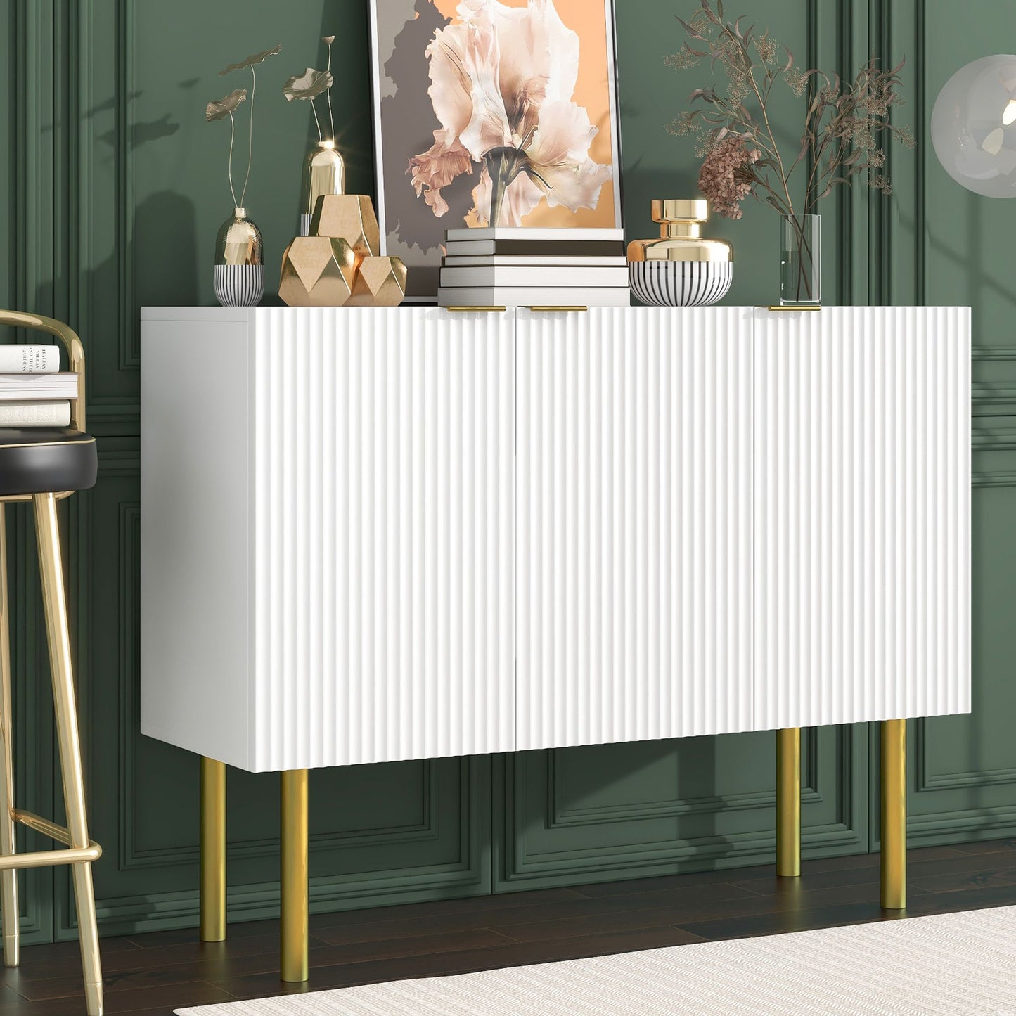 Modern Simple & Luxury Style Sideboard Particle Board & MDF Board Cabinet with Gold Metal Legs & Handles,Adjustable Shelves for Living Room,Dining Room