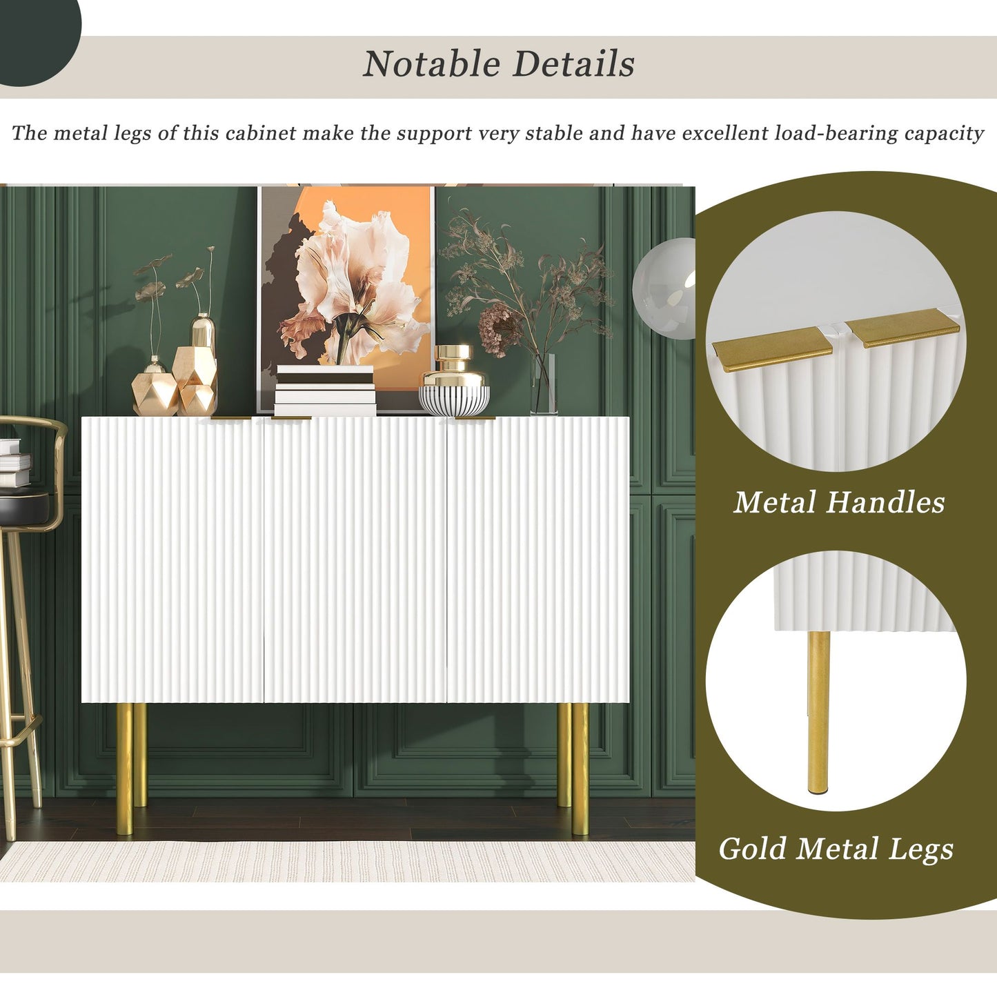 Modern Simple & Luxury Style Sideboard Particle Board & MDF Board Cabinet with Gold Metal Legs & Handles,Adjustable Shelves for Living Room,Dining Room