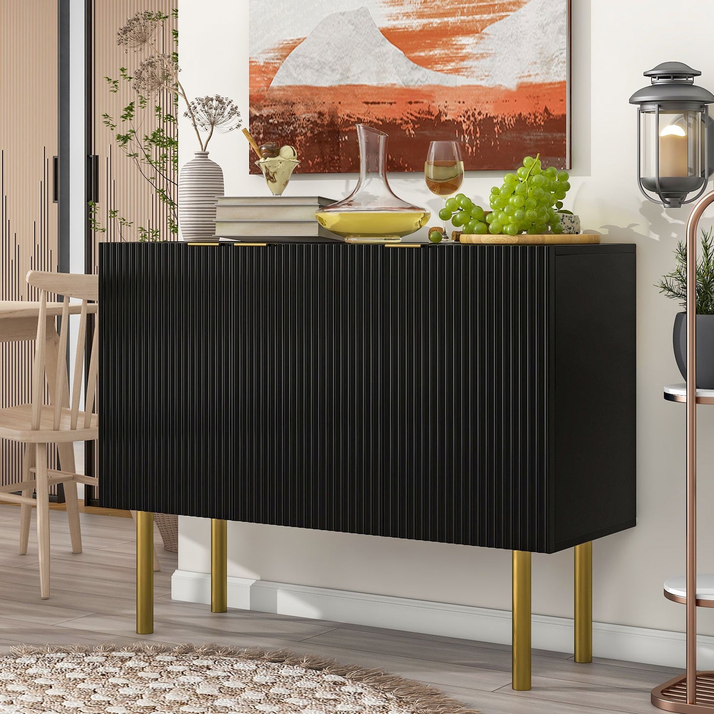 Modern Simple & Luxury Style Sideboard Particle Board & MDF Board Cabinet with Gold Metal Legs & Handles,Adjustable Shelves for Living Room,Dining Room