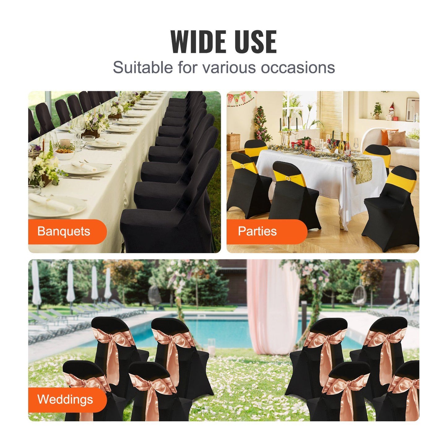 VEVOR Stretch Spandex Folding Chair Covers, Universal Fitted Chair Cover, Removable Washable Protective Slipcovers, for Wedding, Holiday, Banquet, Party, Celebration, Dining (30PCS Black)