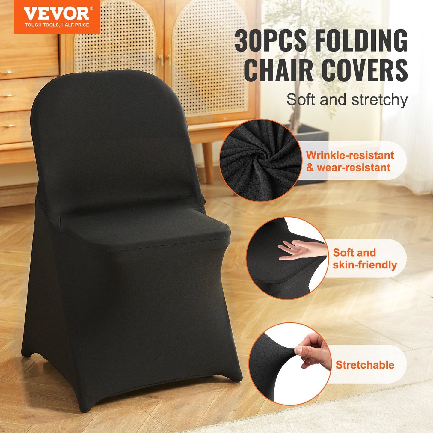 VEVOR Stretch Spandex Folding Chair Covers, Universal Fitted Chair Cover, Removable Washable Protective Slipcovers, for Wedding, Holiday, Banquet, Party, Celebration, Dining (30PCS Black)