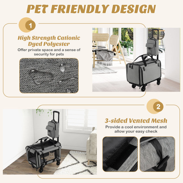 Rolling Cat Carrier with Dual-use Pads and Litter Bag