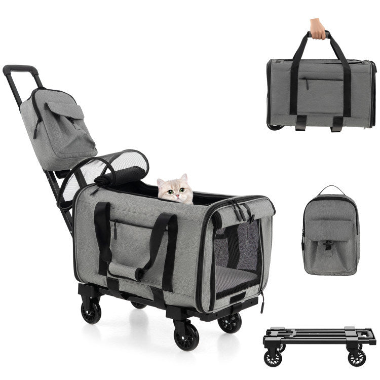 Rolling Cat Carrier with Dual-use Pads and Litter Bag