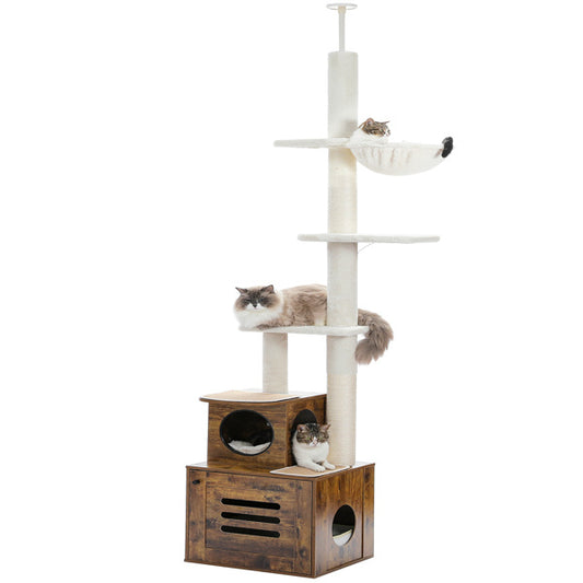 Cat Tree Floor to Ceiling Cat Tower for Indoor Cats, Cat Condo for Indoor Cats Adjustable Height 90.6-110.2", 6 Tiers Modern Cat Tree with Litter Box Enclosure, Scratching Post, Brown