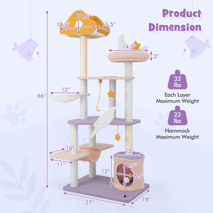 66" Cute Cat Tree Cats Multi-level Tall Cat Tower w/ Sisal Covered Scratching Posts