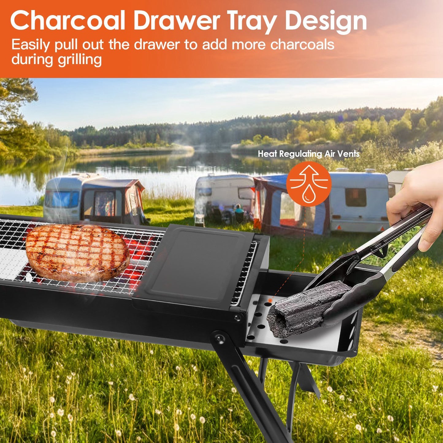 Foldable Charcoal BBQ Grill with Shelf Stainless Steel Grill Net Easy Setup Portable Tabletop Barbecue Grill for Camping Picnic Outdoor Party Backyard