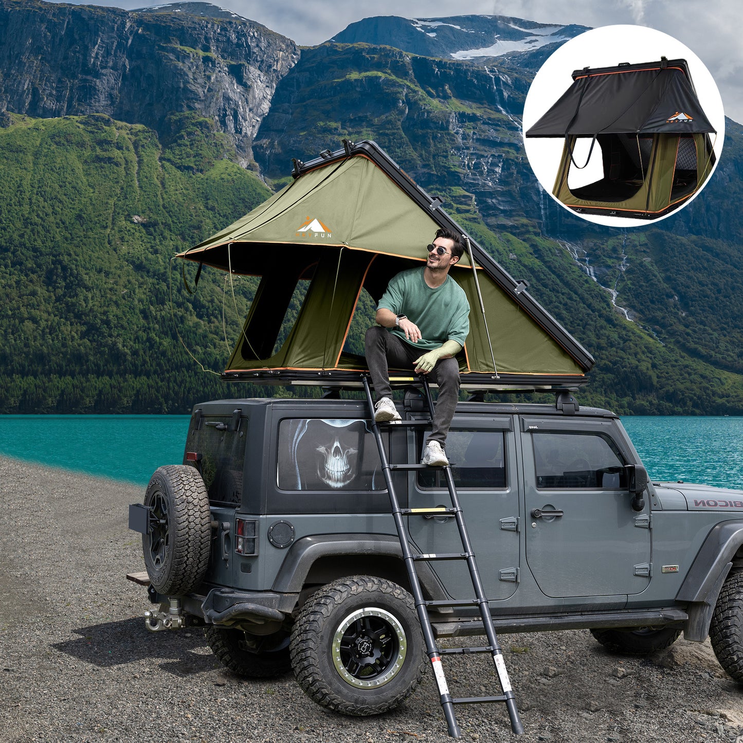 Adventurer Rooftop Tent Hardshell with Luggage Racks&Replaceable Rain Flies, Truck Bed Tent for Camping, Pop Up Overland Roof Top Tents for Truck Jeep SUV Car Van Wrangler Tacoma