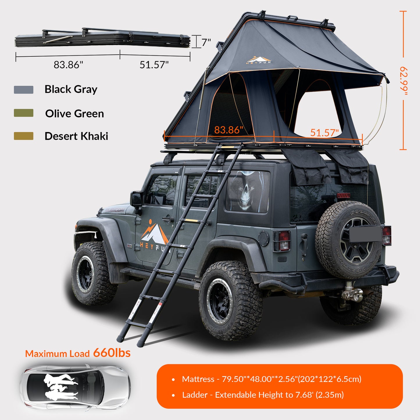 Adventurer Rooftop Tent Hardshell with Luggage Racks&Replaceable Rain Flies, Truck Bed Tent for Camping, Pop Up Overland Roof Top Tents for Truck Jeep SUV Car Van Wrangler Tacoma