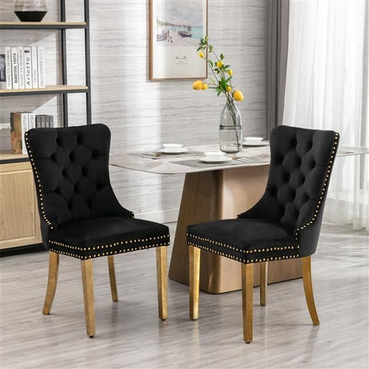 Furniture, Collection Modern, High-end Tufted Solid Wood Contemporary Velvet Upholstered Dining Chair with Golden Stainless Steel Plating Legs,Nailhead Trim,Set of 2, Black and Gold, SW1601BK