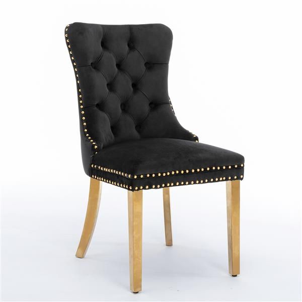 Furniture, Collection Modern, High-end Tufted Solid Wood Contemporary Velvet Upholstered Dining Chair with Golden Stainless Steel Plating Legs,Nailhead Trim,Set of 2, Black and Gold, SW1601BK