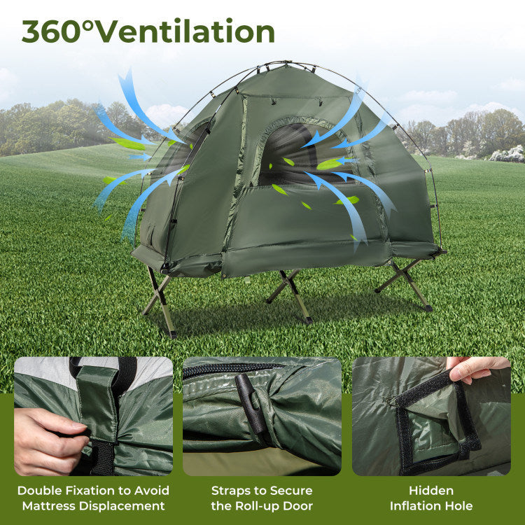 1-Person Folding Camping Tent with Sunshade and Air Mattress