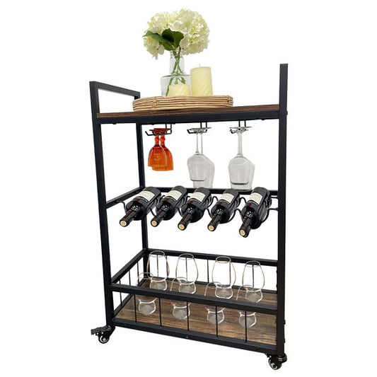 Home bar cart, 3-story bar cart with wheels, wine cart, beverage cart, rolling beverage cart with wine and glass shelves, kitchen, living room, dining room service cart, brown