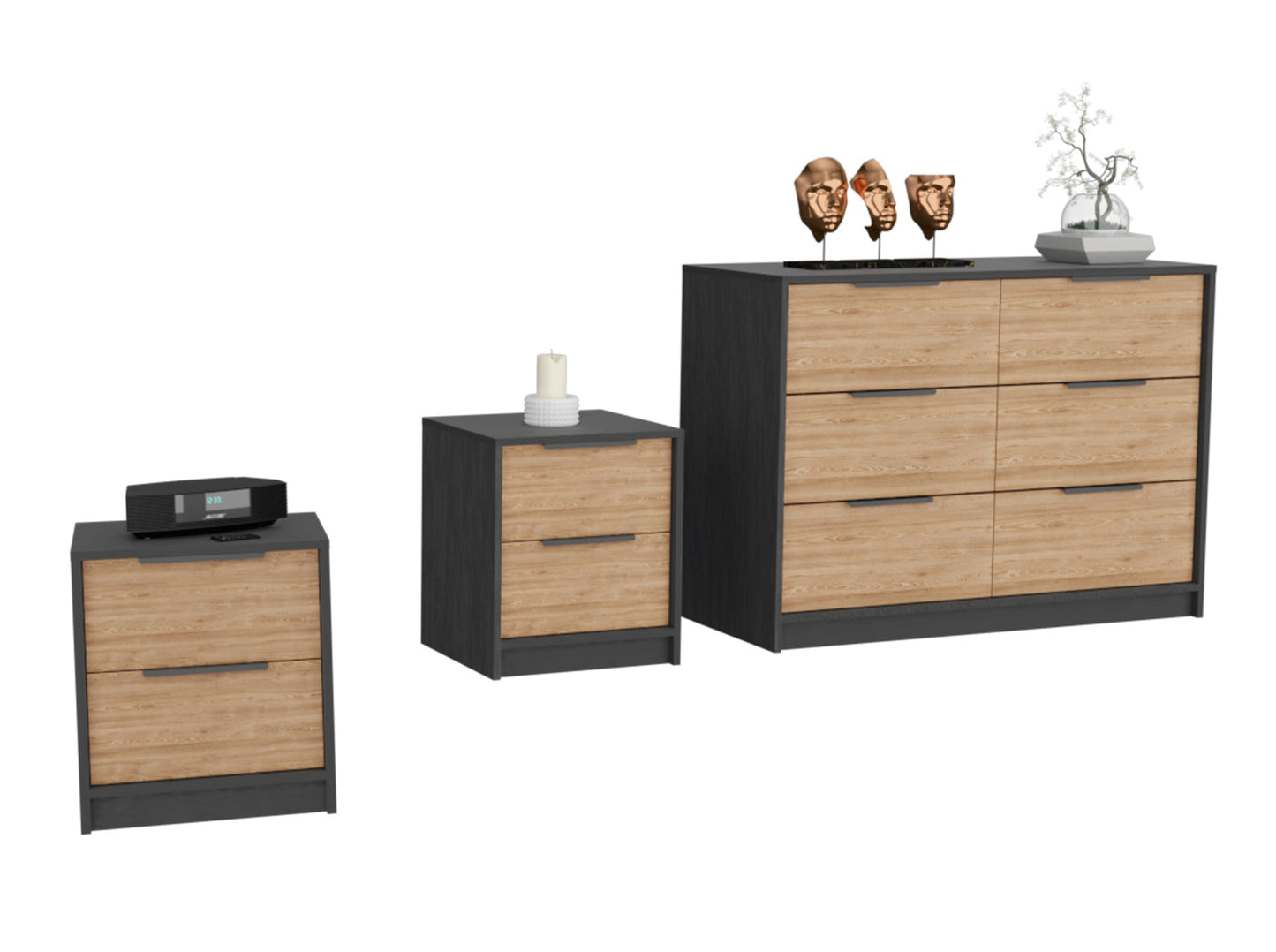 Centura 3-Piece Bedroom Set, Two Nightstands and Dresser, Black and Pine