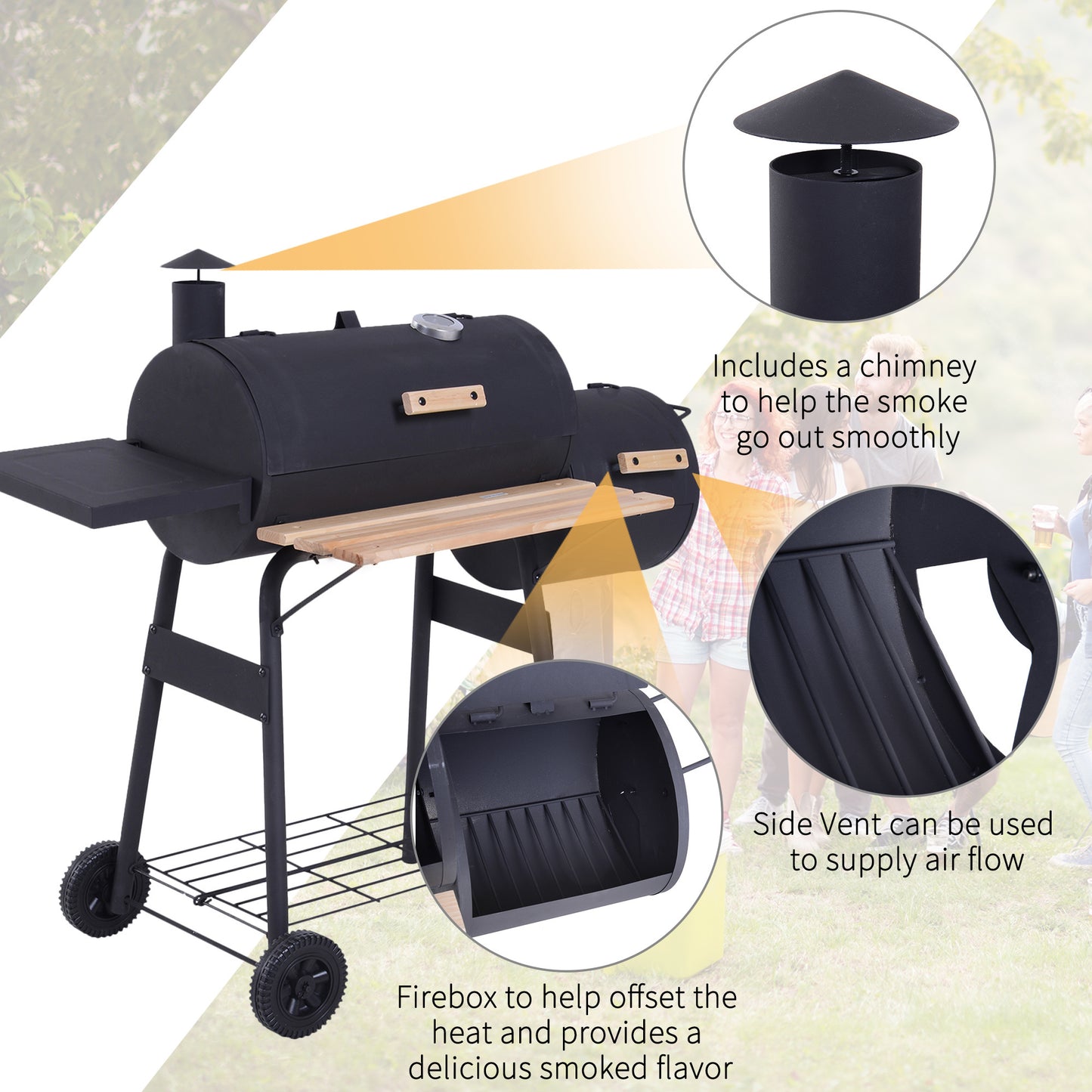 Outsunny 48" Steel Portable Backyard Charcoal BBQ Grill and Offset Smoker Combo with Wheels